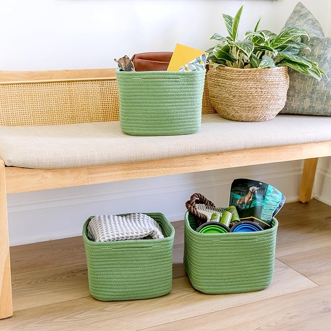NaturalCozy Storage Cubes 9”x9”x7”Cotton Rope Woven Baskets for Organizing 3-Pack | 9 Inch Cube Storage Bin | Small Basket fo