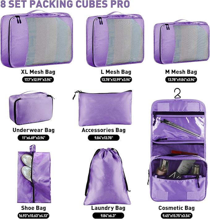 Toncoke 8-Piece Packing Cubes for Travel, Mesh Luggage Organizers with Shoe Bag, Toiletry Bag, Laundry Pouches, 4 Sizes (XL/L
