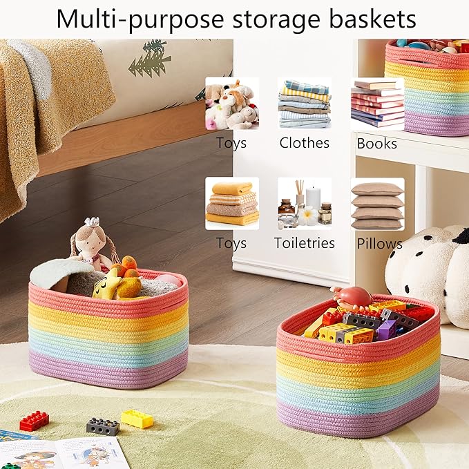 Rainbow Rope Basket for Storage 4 Pack Baskets for Shelves Woven Toy Storage Bins for Nursery Kids in Classroom 12.7"Lx9"Wx7.