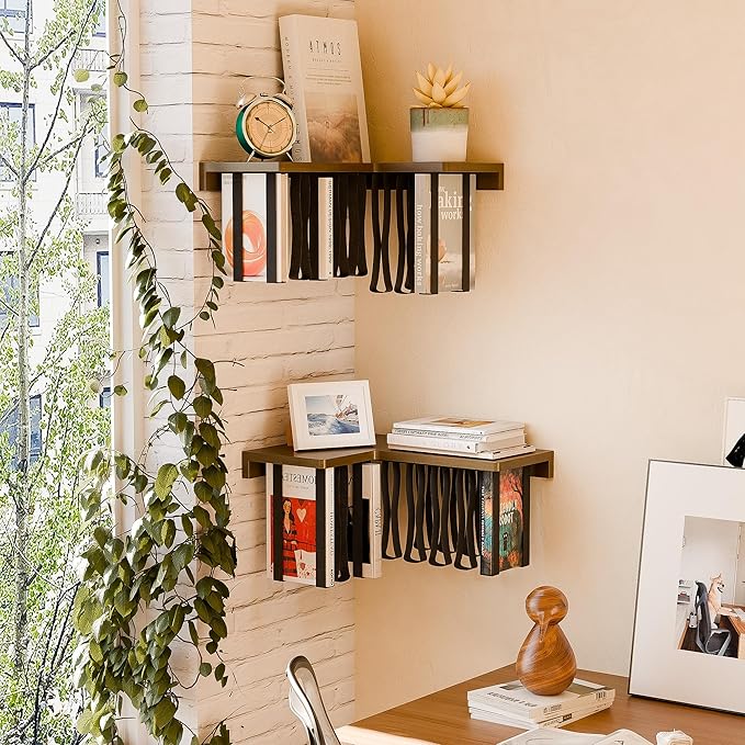 Floating Bookshelves for Wall Set of 2 - Corner Floating Shelves for Books, Rubberwood Wall Mount Bookshelf, Unique Wall Book