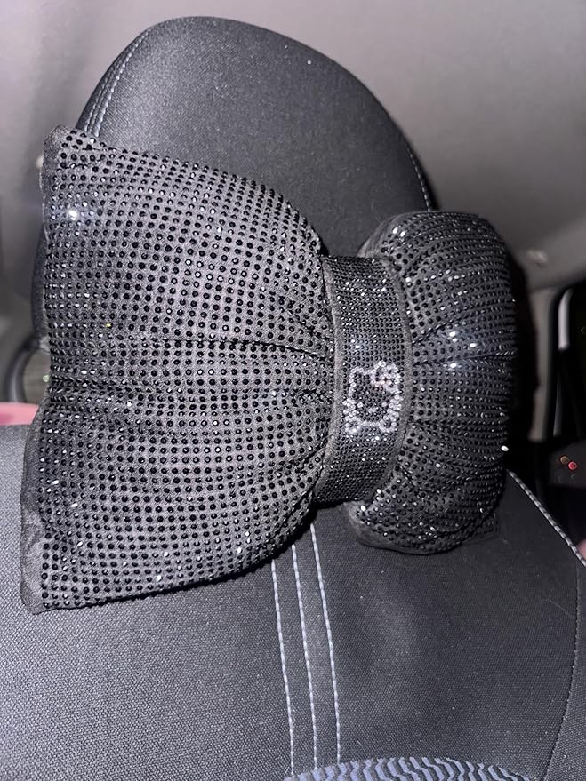 Fashion Car Ultra Bling Steering Wheel Cover with Sparkly Diamond Rhinestones, Gorgeous Accessory with Anti Slip Lining Extra Bling Especially Shiny Cat Exotic Universal (Headrest Black Cat Silver)