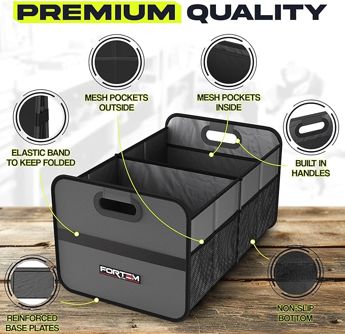 FORTEM Car Trunk Organizer, Collapsible Two Compartment Organizer, Foldable SUV & Truck Storage for Car Accessories for