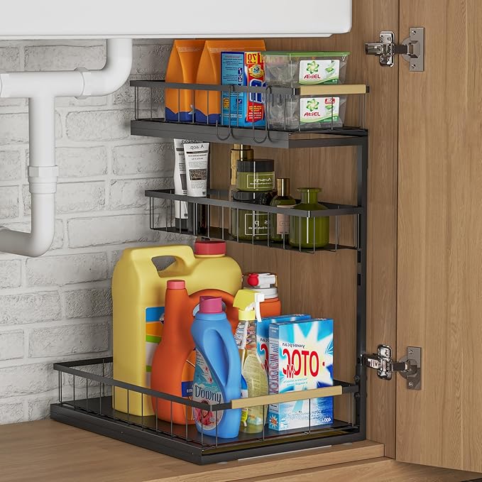 Under Sink Organizer and Storage for Bathroom and Kitchen - 1 Pack 3 Tier Under Cabinet Pull Out Shelf Organizers - Slide Out