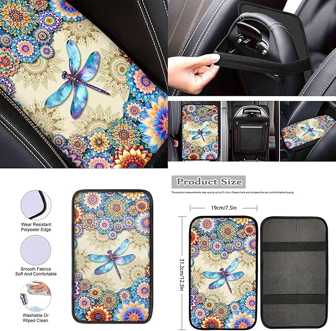 Dragonfly Car Seat Cover Full Set with Steering Wheel Cover Seat Belt Pads Auto Armrest Covers Boho Flower Cup Holders Keychain Lipstick Holder Fit for Most Vehicles