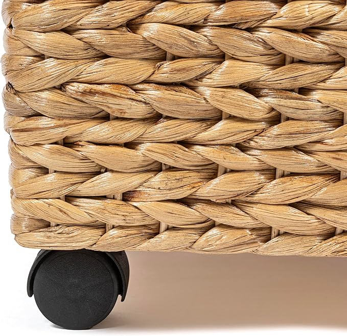 happimess BSK1006A 26.38" Chett Minimalist Hand-Woven Hyacinth/Wood Underbed Storage Bin with Wheels and Handles for Storage 