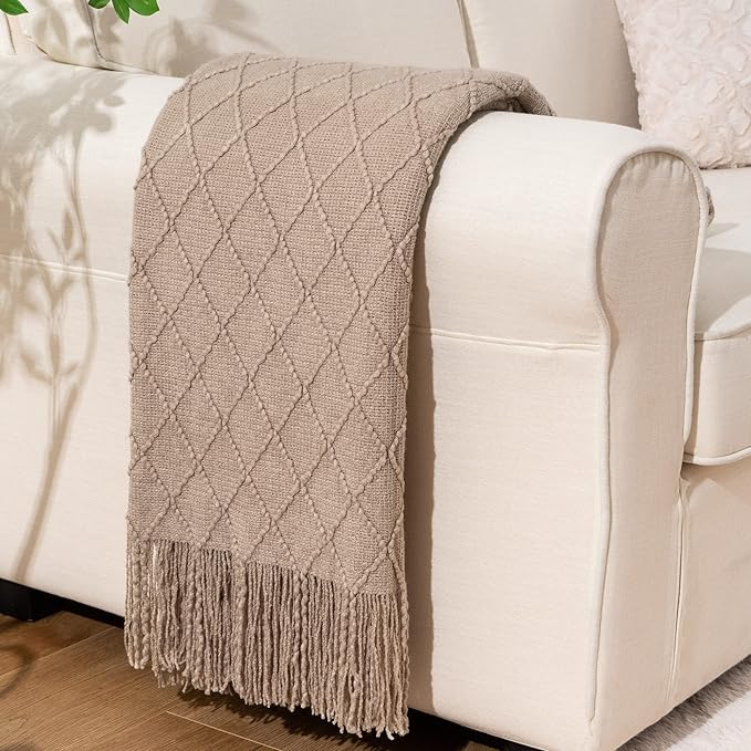 BATTILO HOME Khaki Throw Blanket, Beige Throw Blanket for Couch, End of Bed Throws Spring Decorative Large Throw Tan (Beige, 