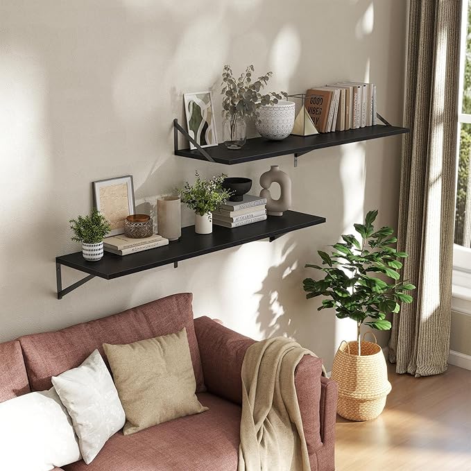 Deep Floating Shelves Wall Mounted, 48"x12" Black Wall Shelves with Brackets Set of 2 for Bedroom, Living Room, Bathroom, Kit