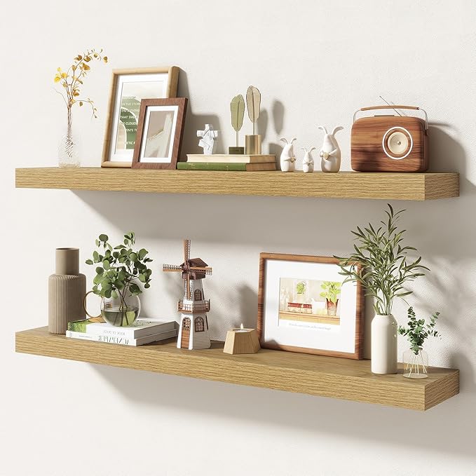 40 Inch Floating Shelves | 6.5 Inch Deep Oak Floating Shelves Set of 2 | 40" W x 6.5" D Rustic Oak Shelves with Invisible Bra