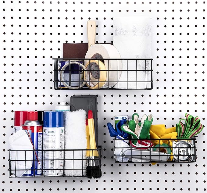 RightArrange Pegboard Baskets, Set of 3 Black - Hooks to Any Peg Board - Square Style Baskets Hold More - Organize Tools, Wor
