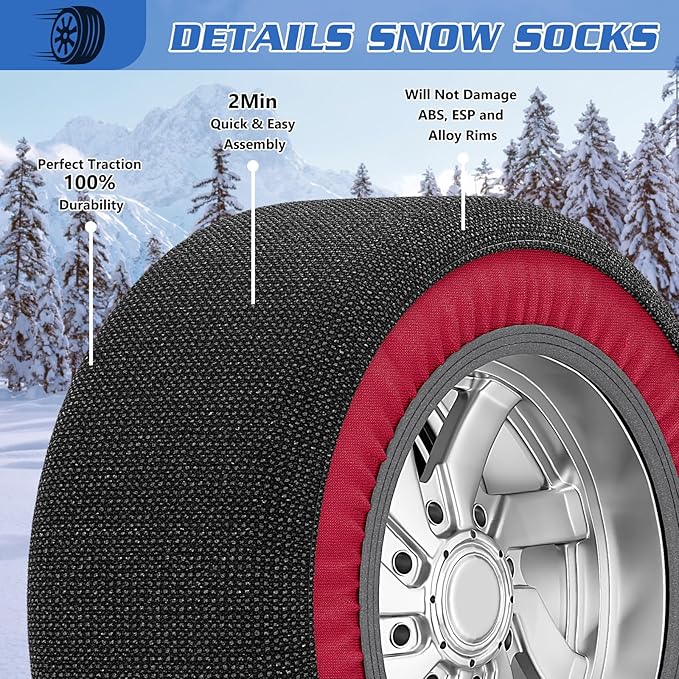 Automotive Snow Socks - Great Alternative to Tire Chains, Thickened Polyester Fiber for Maximum Traction & Grip, Fits Car, SU
