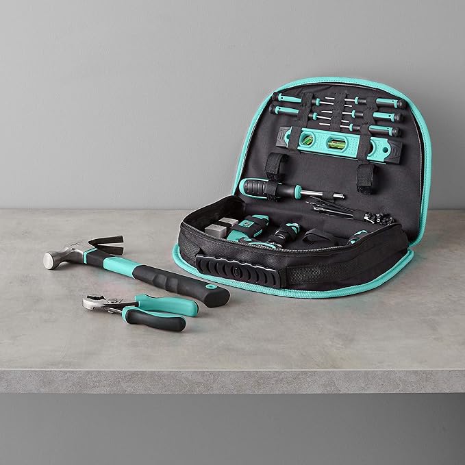 Amazon Basics 104-Piece Home Repair Household Tool Set with Easy Carrying Round Pouch, Portable Hand Tool Kit, Turquoise, 14.
