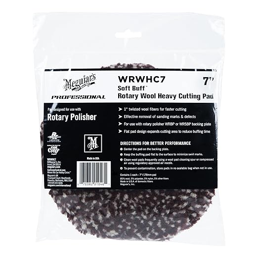 Meguiar's 7" Soft Buff Rotary Heavy Cutting Wool Pad WRWHC7 - Professional Heavy Cutting Pad for Premium Car Detailing, Car Buffing Pad for Use with a Rotary Buffer and Heavy Compound