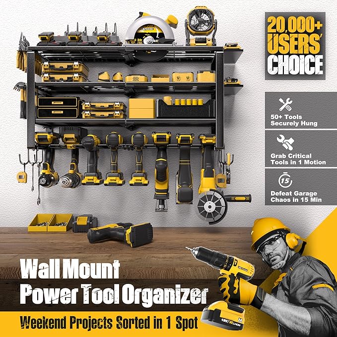 Spampur 420LB Capacity Power Tool Organizer with Charging Station & 6 Outlets | Quick Assembly 4-Layer Heavy Duty Rack for Dr