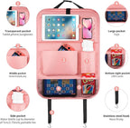 LUCMO Car Backseat Organizer with Tablet Holder,6 Storage Pockets Car Storage Organizer with Foldable Food Tray,Seat Protectors Kick Mats Travel Accessories-Pink