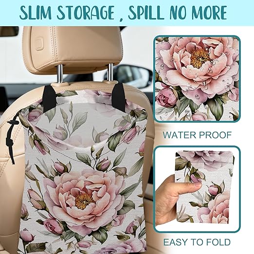 Car Trash Bag Pink Peonies and Green Leaves Leak-Proof Car Garbage Bag with Drawstring Foldable Canvas Trash Bin with Adjustable Buckle for Car Accessories