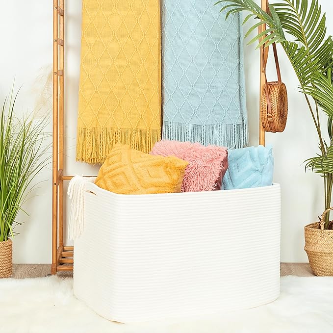 MINTWOOD Design 112L Extra Large Blanket Basket Holder Living Room, 25"x17"x16" Rectangle Rope Woven Storage Basket with Hand