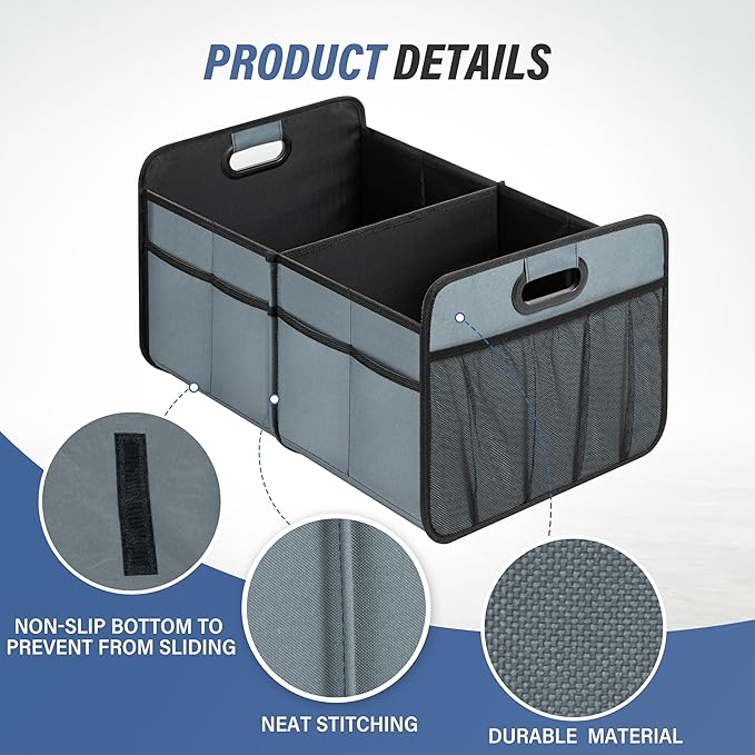 Simple Deluxe Car Trunk Organizer for SUV, Collapsible 2 Compartment 50L Automotive Storage Box with 5 Pocket, 600D