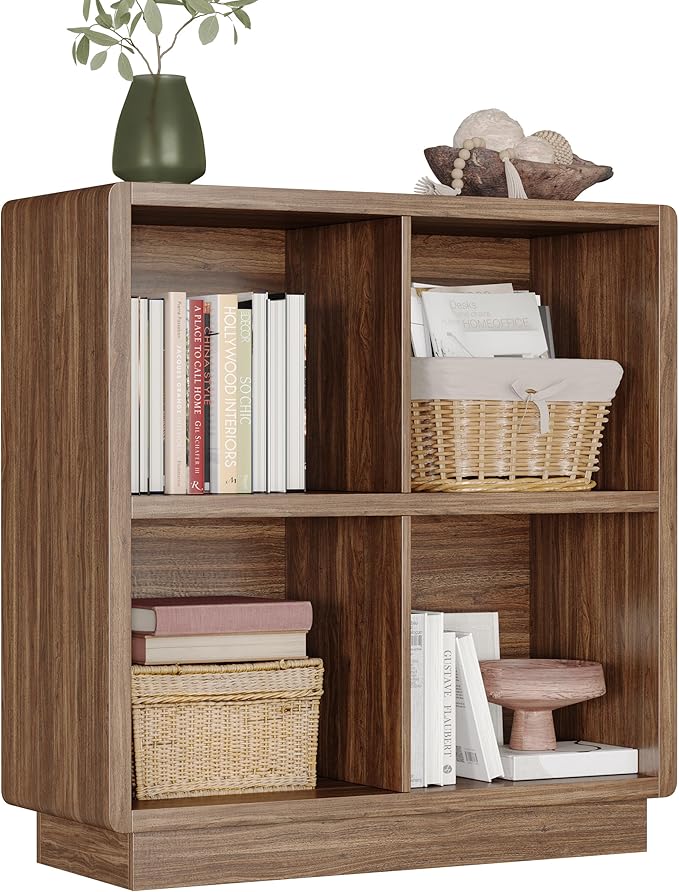ChooChoo 4 Cube Storage Organizer, Wooden Bookcase with Storage, Cube Storage Bookshelf for Bedroom and Home Office, Brown Wa