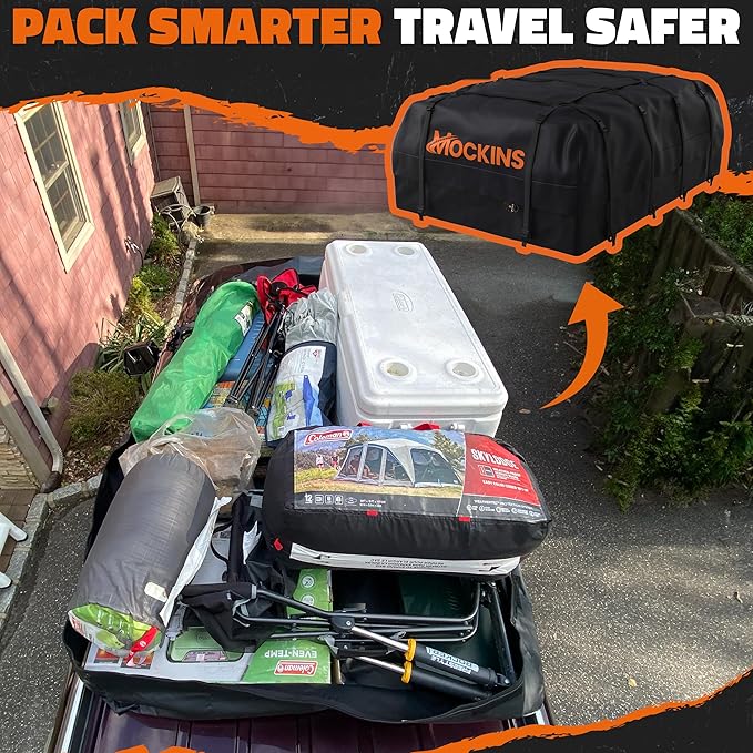 Mockins 35 Cu Ft Black Rooftop Cargo Carrier Bag | 60"x42"x24" Roof Bag Cargo Carrier for Top of Vehicle | Vehicle Soft-Shell Carriers for Car Roof Storage w/Accessories | Use with or w/o Roof Rack