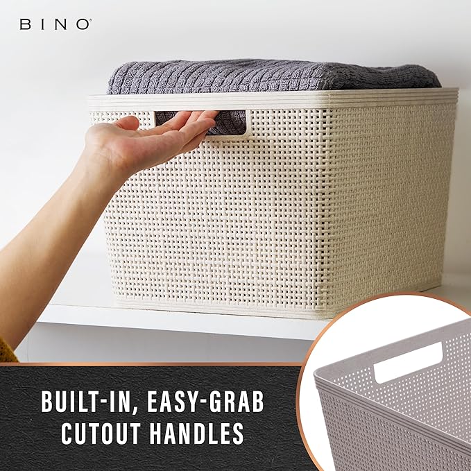 BINO Woven Plastic Basket | Large (Natural), 3-Pack | THE JUTE COLLECTION | Home Organization, Space-Saving Storage, Stylish 