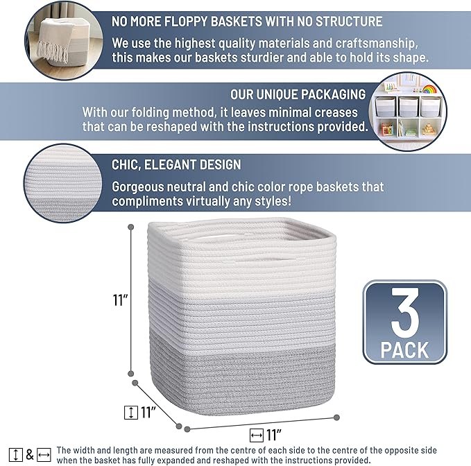 NaturalCozy Storage Cubes 11 Inch Cotton Rope Woven Baskets for Organizing, 3-Pack | Cube Storage Bin | Square Storage Basket