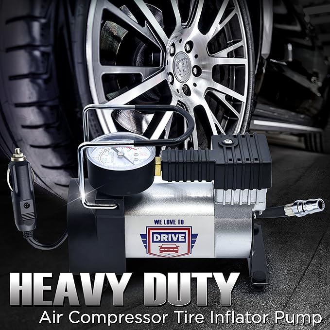 Tire Inflator Portable Air Compressor – 12V DC Air Pump for Car Tires, 150 PSI Electric Air Pump with Tyre Pressure Gauge – Corded Yellow by WE LOVE TO DRIVE
