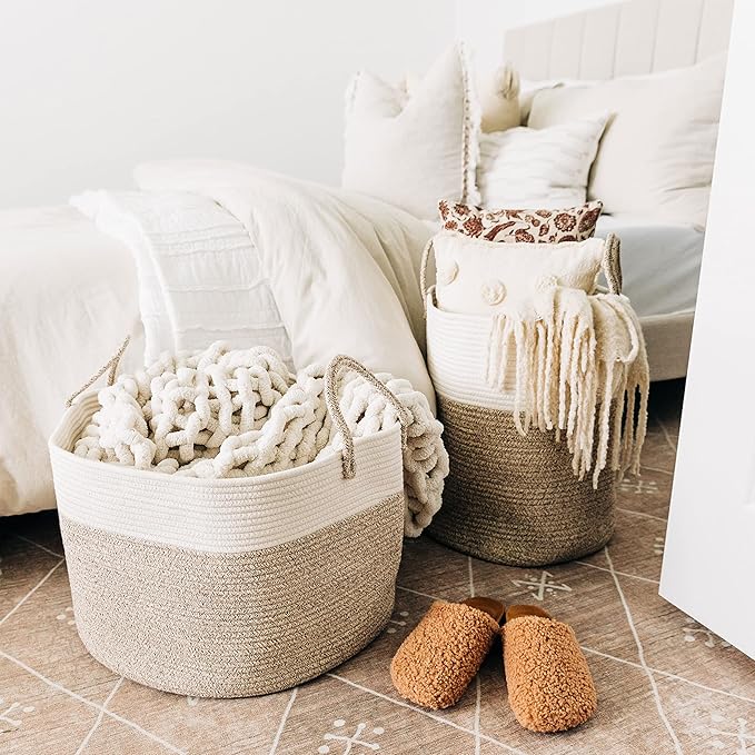 OrganiHaus Large Woven Storage Basket for Blankets and Toys 20" x 13" Inch, Rope Laundry Basket with Handles, Cushions & Pill