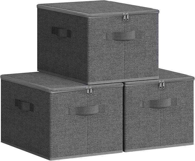 SONGMICS Foldable Storage Organizer Boxes, Set of 3 Storage Basket Bins with Lids, Handles, Clothes Organizer, 15.7 x 11.8 x 