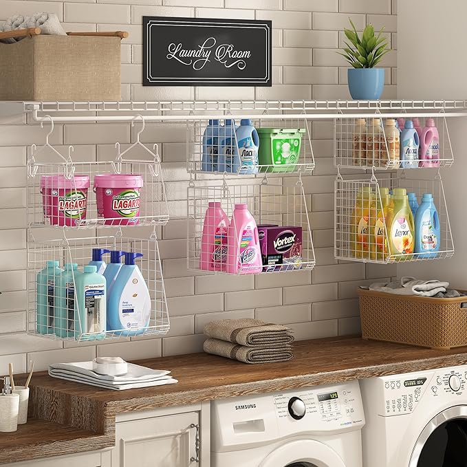 4-Tier Hanging Laundry Room Organizer: Foldable Wire Shelf Basket with 2 Large Hooks 1.65" & 360°Rotating Hooks – Space-Savin