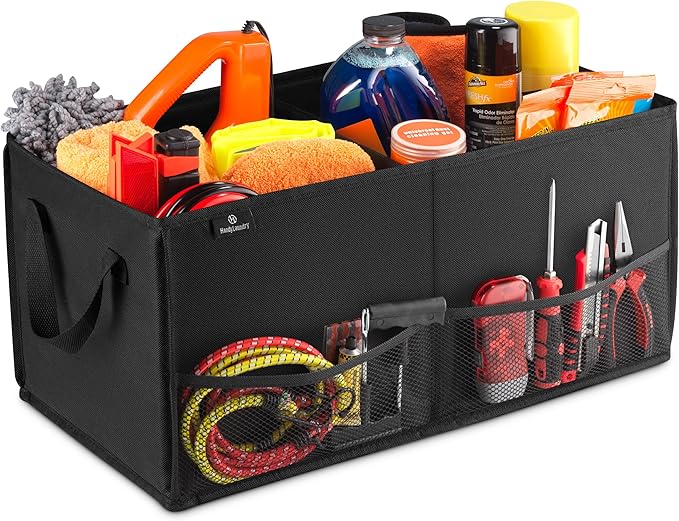 Handy Laundry Car Trunk Organizer - Large 2 Compartment Storage Bin with Non-Slip Fastener, Mesh Side Pockets & Heavy-Duty