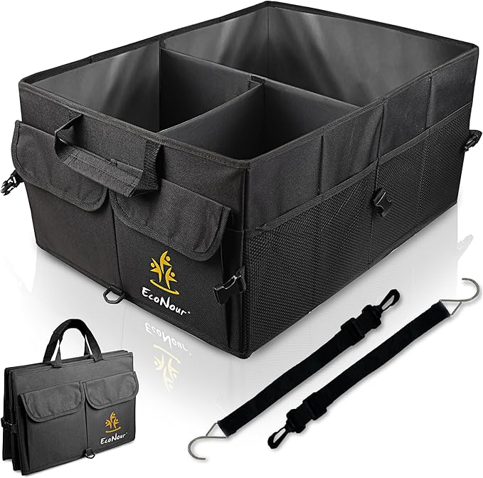 EcoNour Trunk Organizer for Car | SUV Collapsible Cargo Storage Box with Detachable Dividers, Mesh Pockets & Adjustable Straps