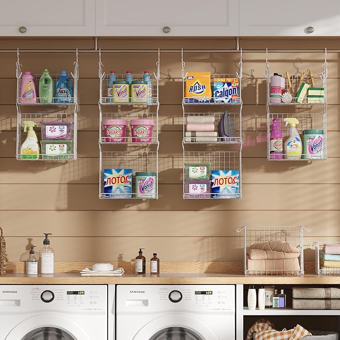 Sonyabecca 5-Tier Hanging Laundry Basket Organizer: Foldable Wire Shelf Basket with 4 Large Hooks 1.65" & 360°Rotating Hooks 