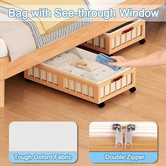 efluky 2-Pack Bamboo Under Bed Storage Containers with Wheels, Under Bed Clothes Storage Basket with Large Dust Bag, Rolling 