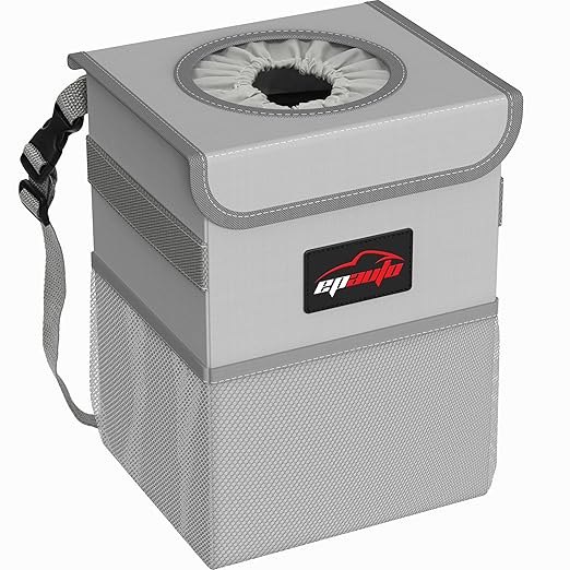 EPAuto Waterproof Car Trash Can with Lid and Storage Pockets, 2.5 Gallon Leakproof, Gray