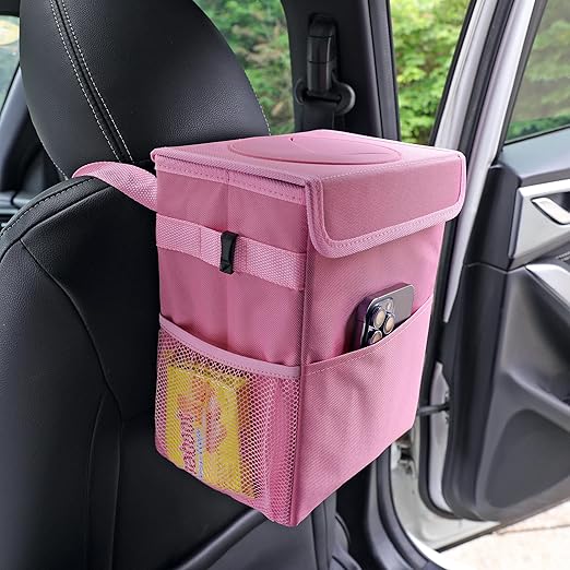 Car Garbage can with lid Leak Proof Vehicle Trash Can 3 Storage Pockets Hanging Waterproof car Trash Bag for SUV Pink