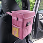 Car Garbage can with lid Leak Proof Vehicle Trash Can 3 Storage Pockets Hanging Waterproof car Trash Bag for SUV Pink