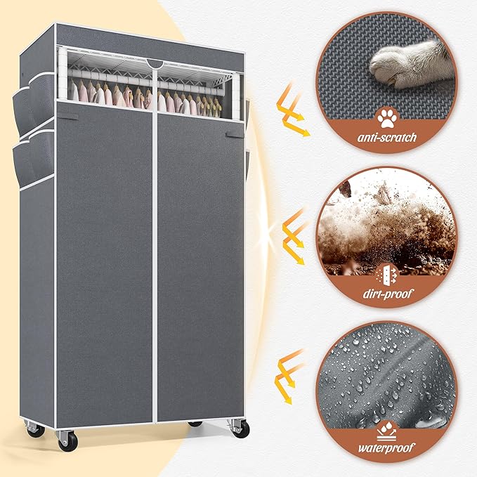 Raybee Rolling Clothes Rack with Cover Clothing Racks for Hanging Clothes Heavy Duty Portable Closet with Wheels Garment Rack