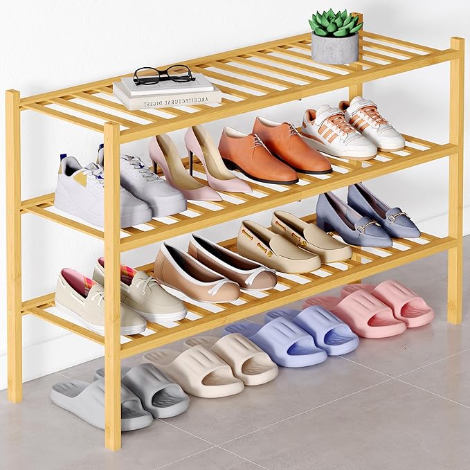 Smiry Bamboo Shoe Rack for Closet, 3 Tier Long Wooden Stackable Shoe Organizer, Free Standing Shoes Storage Shelf for Entrywa
