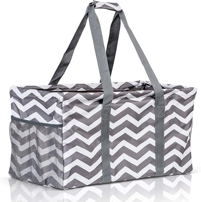 Extra Large Utility Tote Bag - Oversized Collapsible Reusable Wire Frame Rectangular Canvas Basket With Two Exterior Pockets For Beach, Pool, Laundry, Car Trunk, Storage - Chevron Gray