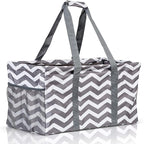 Extra Large Utility Tote Bag - Oversized Collapsible Reusable Wire Frame Rectangular Canvas Basket With Two Exterior Pockets For Beach, Pool, Laundry, Car Trunk, Storage - Chevron Gray
