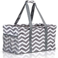 Extra Large Utility Tote Bag - Oversized Collapsible Reusable Wire Frame Rectangular Canvas Basket With Two Exterior Pockets For Beach, Pool, Laundry, Car Trunk, Storage - Chevron Gray