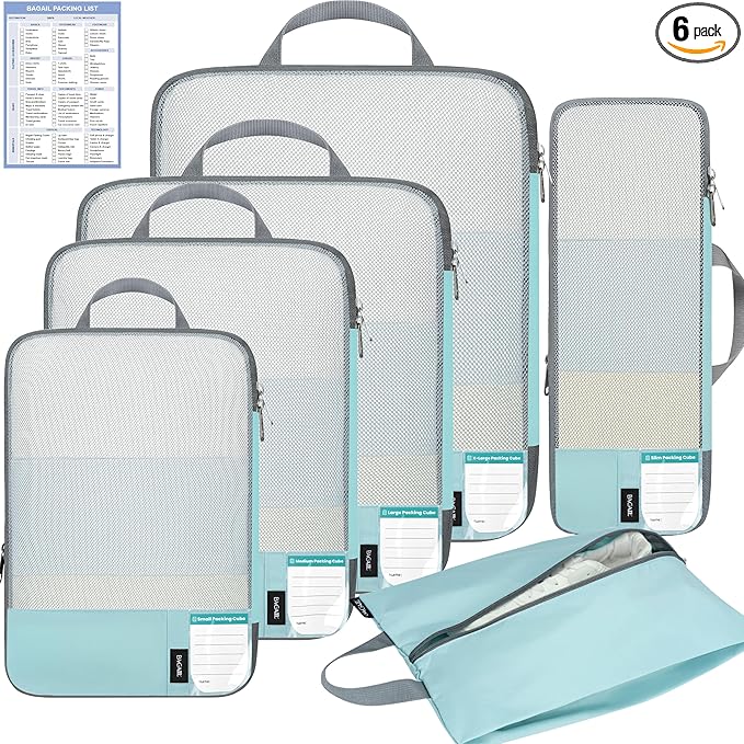 BAGAIL 6 Set Lightweight Compression Packing Cubes with Packing List, Anti-Tearing Expandable Organizer Bags for Travel, Dust
