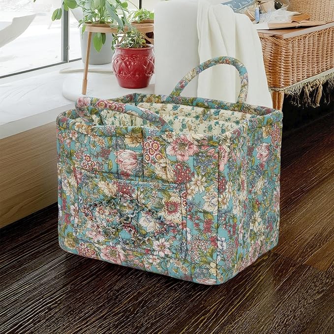 Quilted Laundry Basket with Handles - Multi-Purpose Fabric Storage Basket，Boho Fabric Storage Baskets with Handles for Car, H