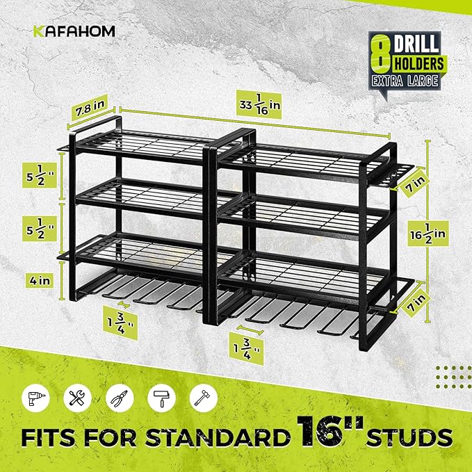 KAFAHOM Power Tool Organizer Wall Mount, 4-Tier Drill Holder for Cordless Tools, 2-Pack Set, Garage Storage Rack with Side Ho