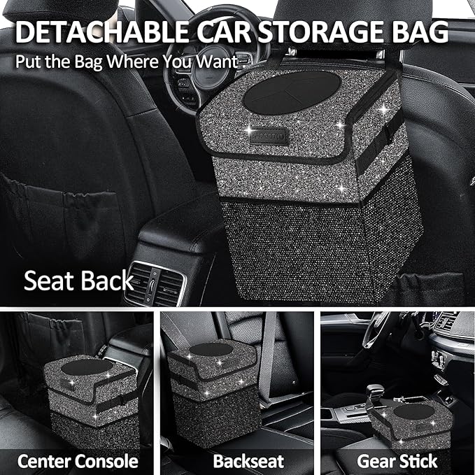 Cute Mini Car Trash Bag with Lid, Glitter Garbage Can Bin Hanging for Back/Front Seat/Console, Waterproof, Leakproof, 2.5 Gallon, Black Bling Sparkly