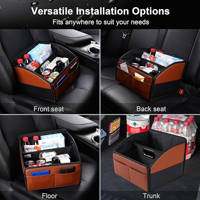 [2025 UPDATED] Leather Car Seat Organizer, Foldable Storage Box for Front Seat, Back Seats & Floor - Removable Divider,