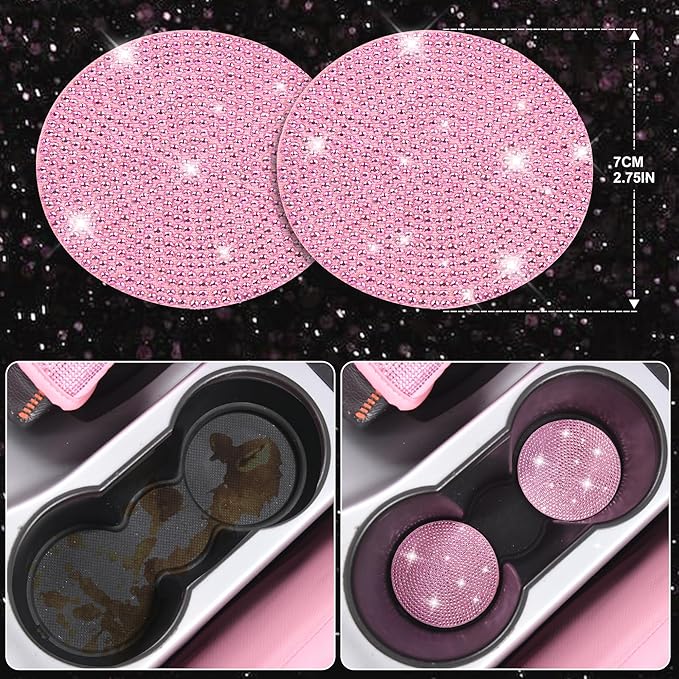 CAR PASS 24 PCS Pink Bling Diamond Accessories Set for Women, Leather Seat Covers, 15'' Steering Wheel Cover, Shining Rhinestone Sparkly Hooks, Coasters, Cute Interior Decorations
