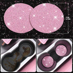 CAR PASS 24 PCS Pink Bling Diamond Accessories Set for Women, Leather Seat Covers, 15'' Steering Wheel Cover, Shining Rhinestone Sparkly Hooks, Coasters, Cute Interior Decorations