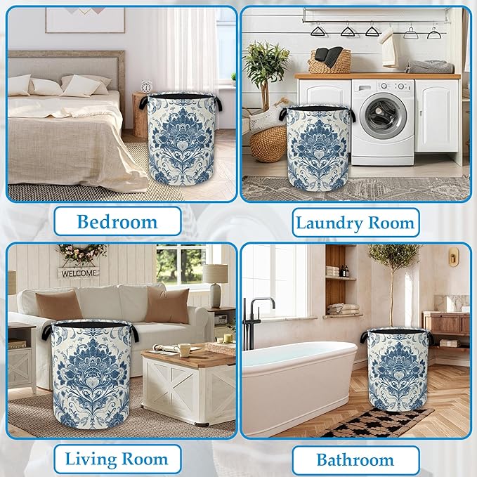 Vintage Blue Floral Laundry Basket Collapsible Laundry Hamper Clothes Toy Storage Bin for Bathroom Bedroom Room Decor 16" X 2