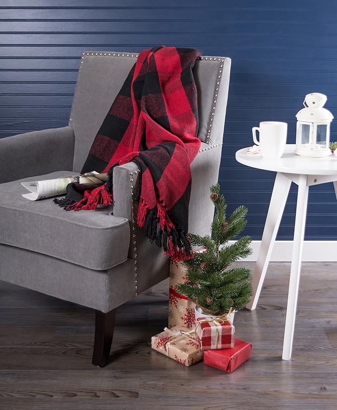 DII Buffalo Check Collection Rustic Farmhouse Throw Blanket with Tassles, 50x60, Tango Red/Black